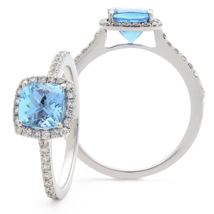 Aquamarine & Diamond Halo Ring 1.20ct F-VS Quality in 18k White Gold - David Ashley