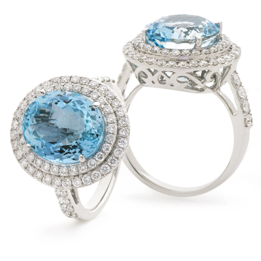 Aquamarine & Diamond Halo Ring 7.08ct F-VS Quality in 18k White Gold - David Ashley