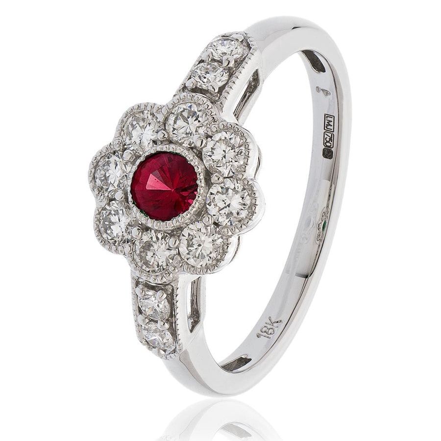 Cluster Ruby & Diamond Ring 0.70ct F-VS Quality in 18k White Gold - David Ashley