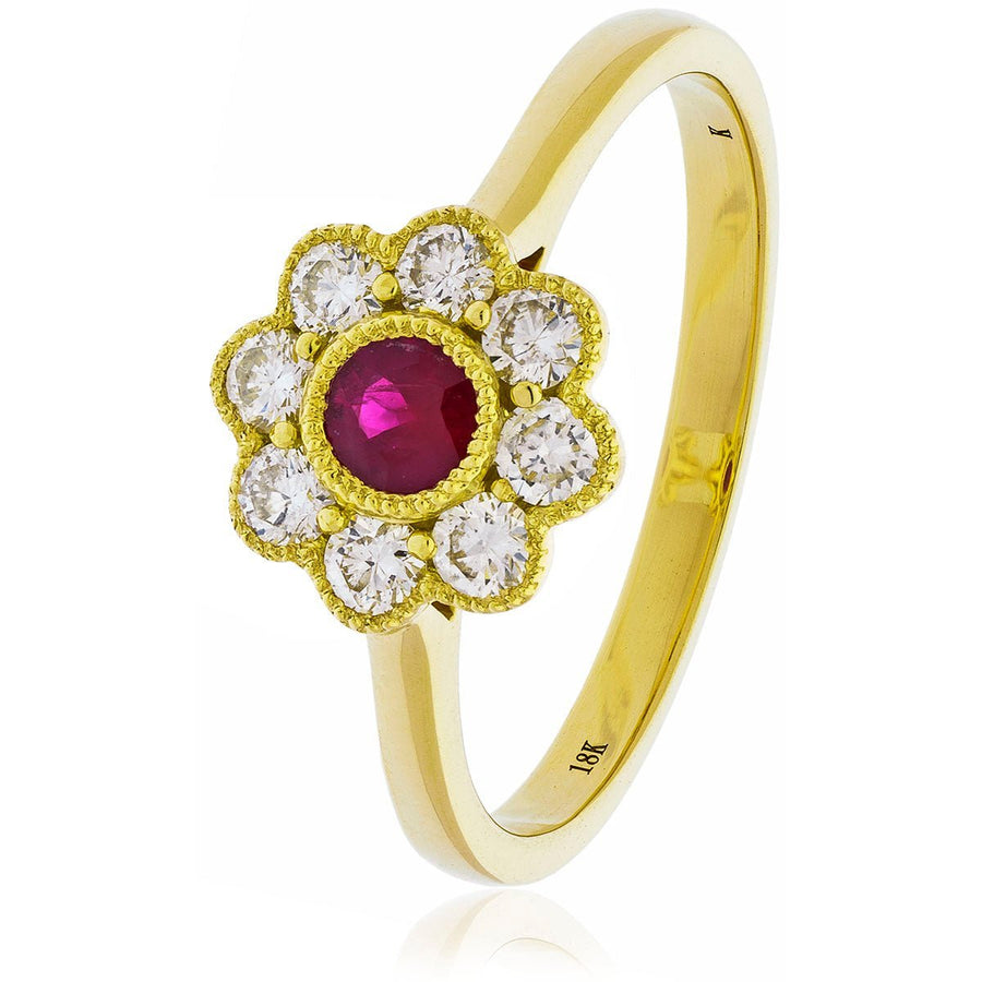 Diamond & Ruby Cluster Ring 0.65ct F-VS Quality in 18k Yellow Gold - David Ashley