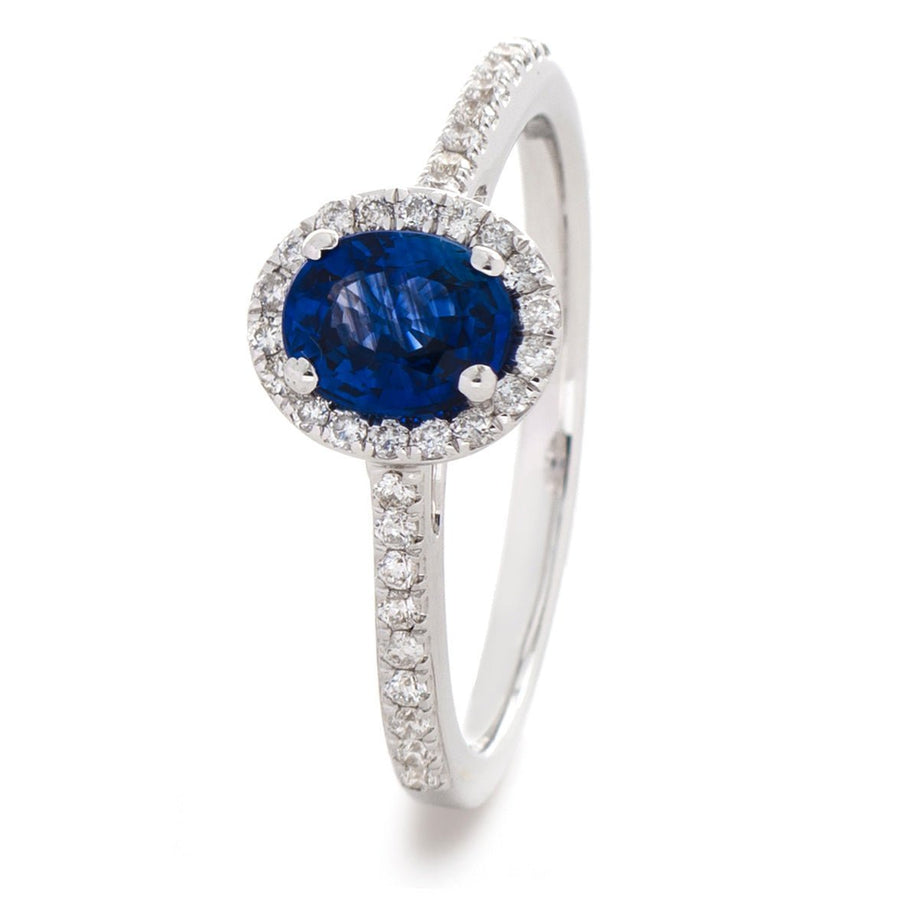 Diamond & Sapphire Halo Ring 1.10ct F-VS Quality in 18k White Gold - David Ashley