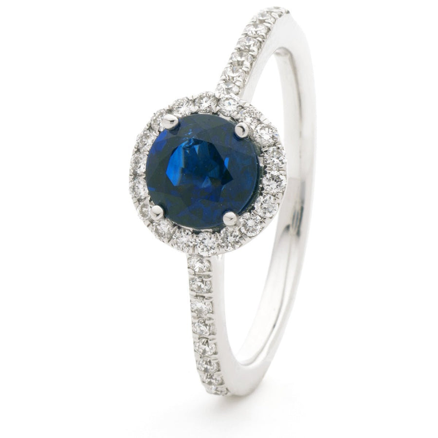 Diamond & Sapphire Halo Ring 1.30ct F-VS Quality in 18k White Gold - David Ashley