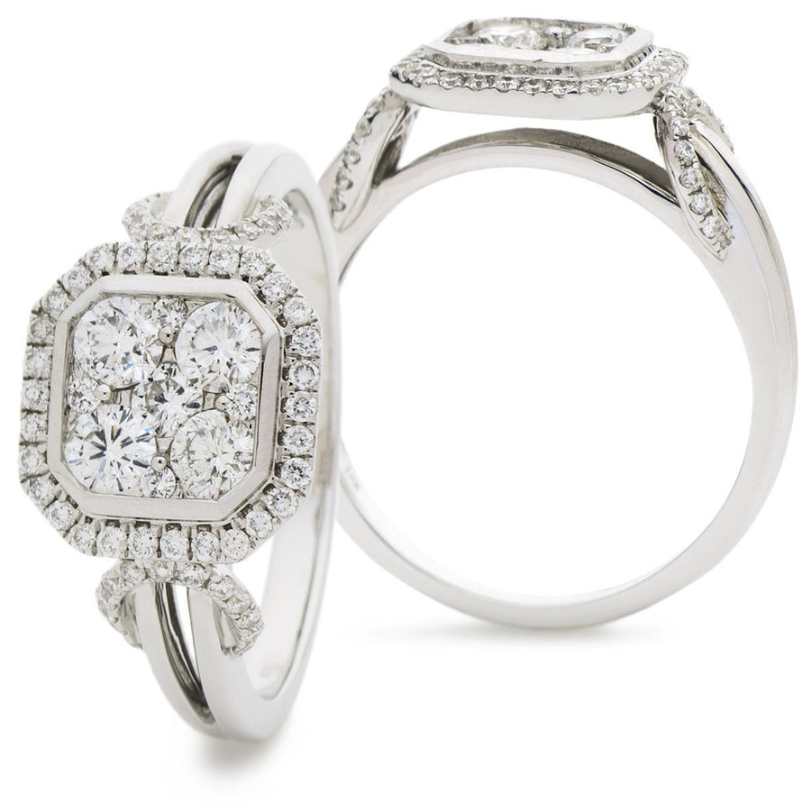 Diamond Square Halo Cluster Ring 0.85ct F-VS Quality in 18k White Gold - David Ashley