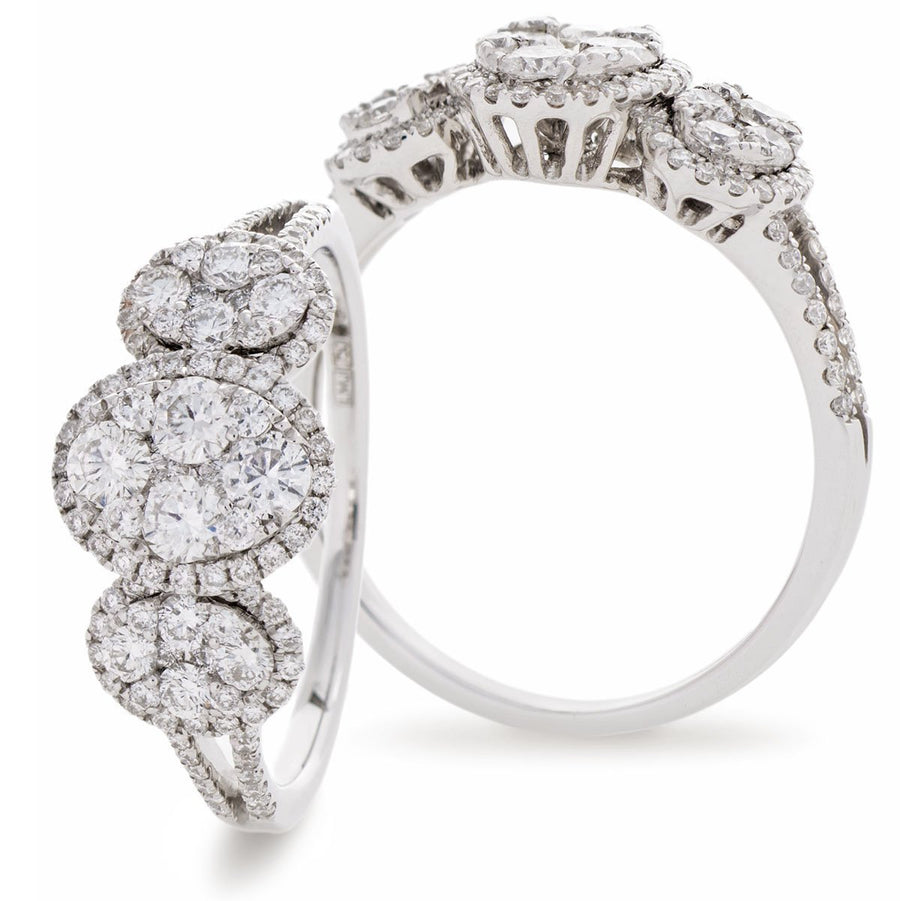 Diamond Trilogy Halo Cluster Ring 0.95ct F-VS Quality 18k White Gold - David Ashley