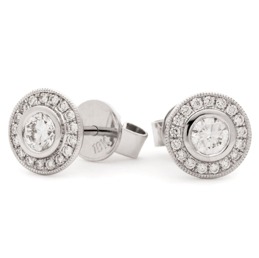 Modern Halo Diamond Earrings 0.70ct G-SI Quality in 18k White Gold - David Ashley