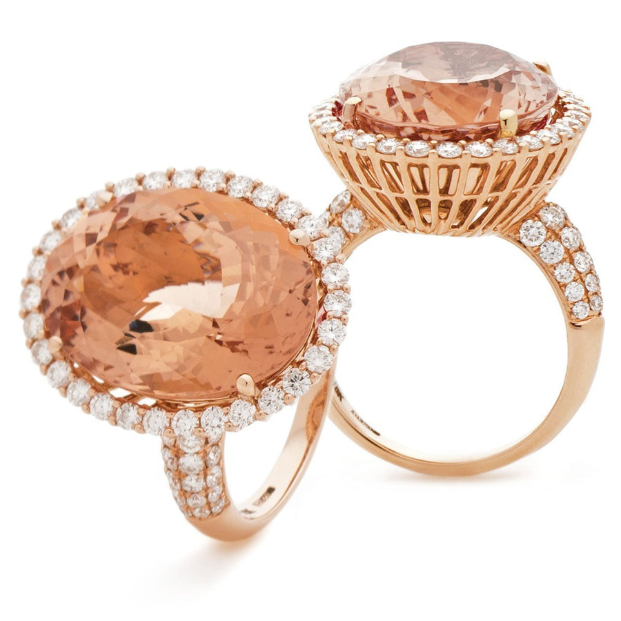 Morganite & Diamond Halo Ring 18.46ct F-VS Quality in 18k Rose Gold - David Ashley