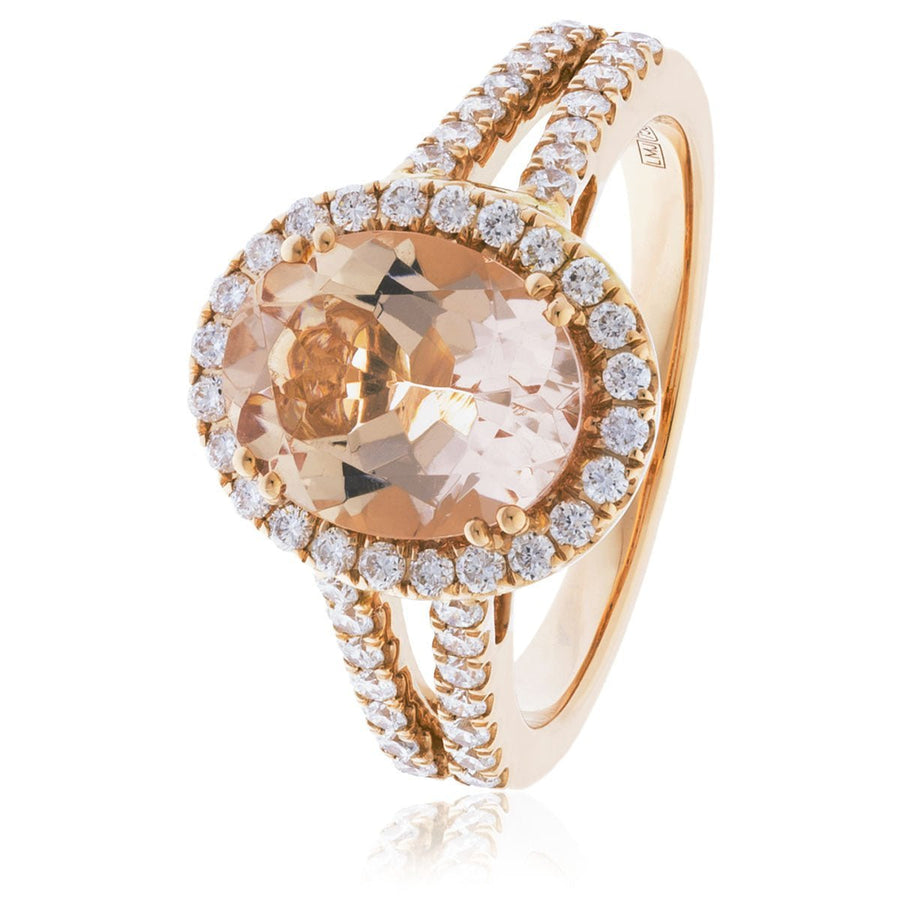 Morganite & Diamond Halo Ring 2.70ct F-VS Quality in 18k Rose Gold - David Ashley