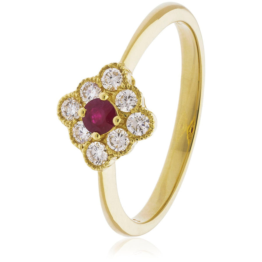 Ruby & Diamond Cluster Ring 0.40ct F-VS Quality in 18k Yellow Gold - David Ashley