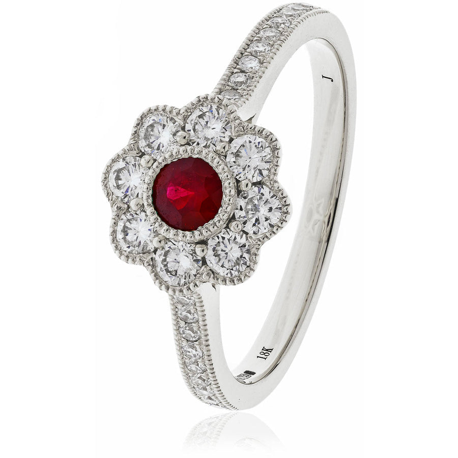 Ruby & Diamond Cluster Ring 0.75ct F-VS Quality in 18k White Gold - David Ashley