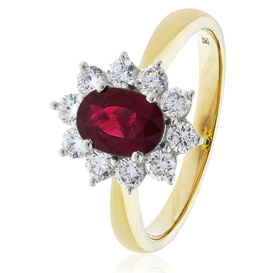 Ruby & Diamond Cluster Ring 0.80ct F-VS Quality in 18k Yellow Gold - David Ashley