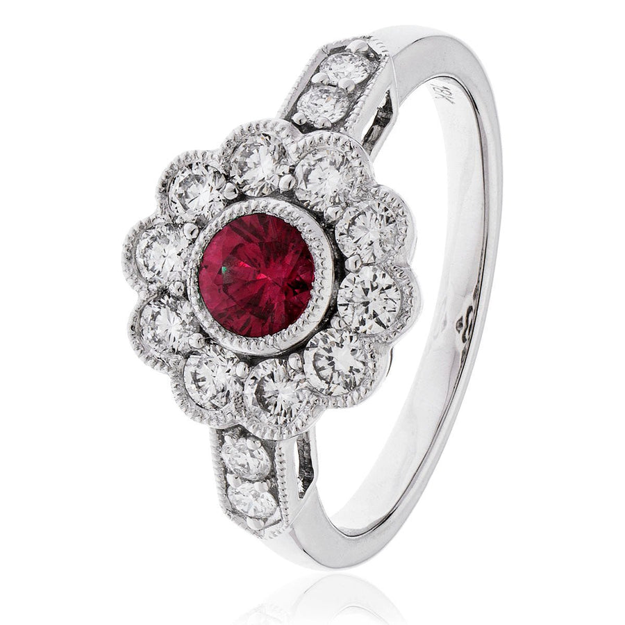 Ruby & Diamond Cluster Ring 1.05ct F-VS Quality in 18k White Gold - David Ashley