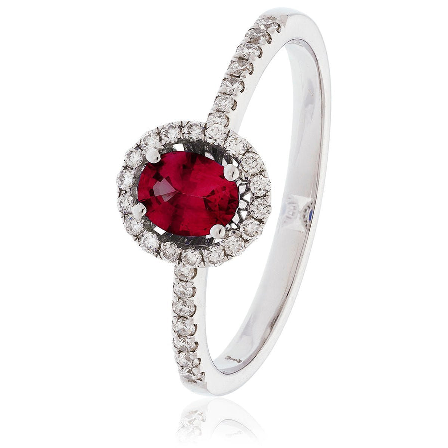 Ruby & Diamond Halo Engagement Ring 0.68ct F-VS Quality 18k White Gold - David Ashley