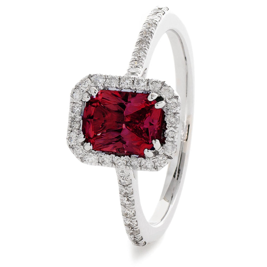 Ruby & Diamond Halo Engagement Ring 1.60ct F-VS Quality 18k White Gold - David Ashley