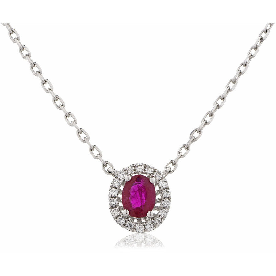 Ruby & Diamond Halo Necklace 0.50ct F VS Quality in 18k White Gold - David Ashley