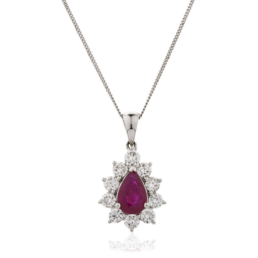 Ruby & Diamond Halo Necklace 1.30ct F VS Quality in 18k White Gold - David Ashley