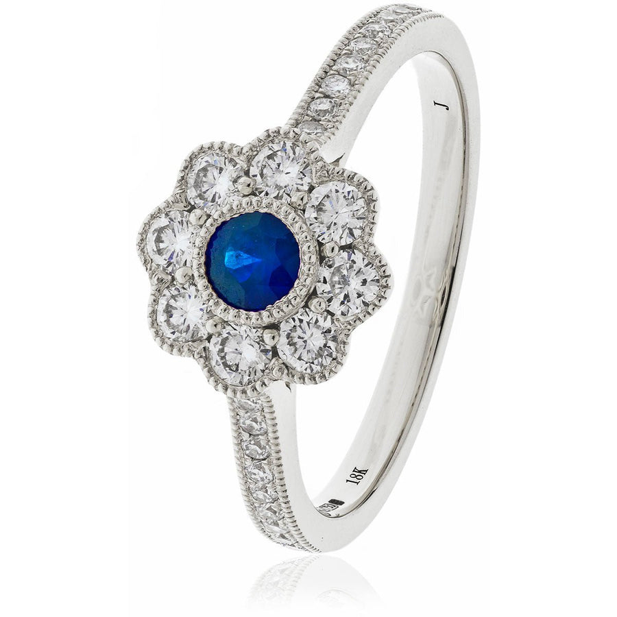 Sapphire & Diamond Cluster Ring 0.75ct F-VS Quality in 18k White Gold - David Ashley