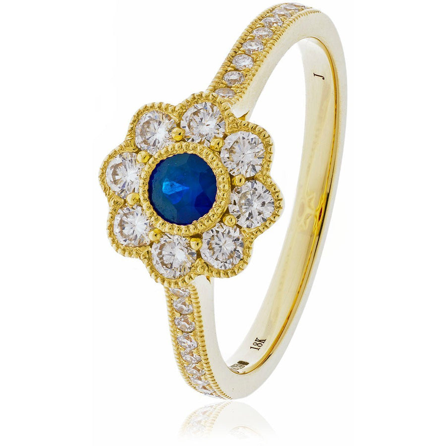 Sapphire & Diamond Cluster Ring 0.75ct F-VS Quality in 18k Yellow Gold - David Ashley